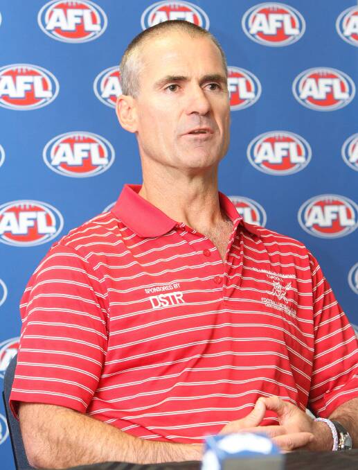 GOOD OPERATOR: Collingullie-Ashmont-Kapooka coach Shane Lenon talks at the Riverina Football League grand final media call on Wednesday at AFL House. Picture: Kieren L Tilly