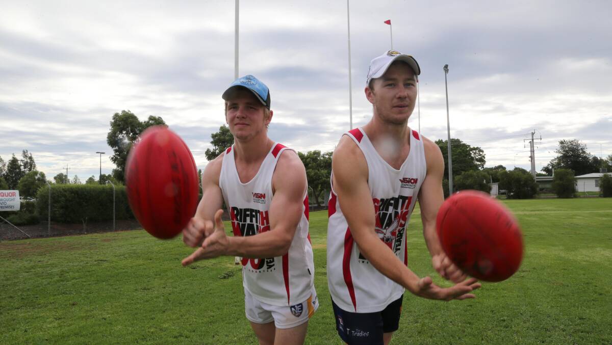 NEW FACES: Queanbeyan recruits Ben King and Will Griggs at Griffith training. The Swans will boast several new recruits this season. Picture: Anthony Stipo