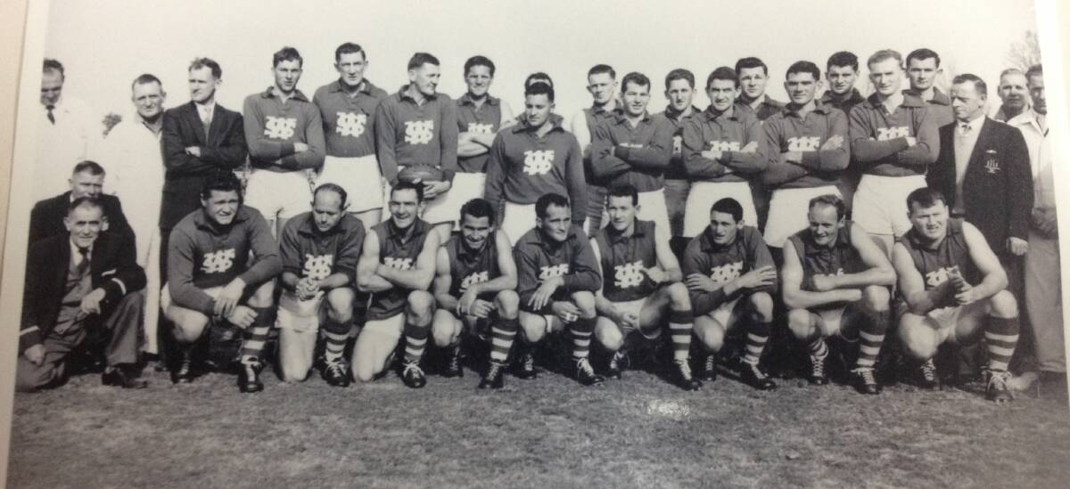 CHAMPIONS: The South West representative team and reserves which took out the Country Championships at Narrandera on July 11, 1964. Pictured is (back row from left) B Scully (coach), K Coleman, F Fitzpatrick, I Gillett, M Kruse, B Connolly, P Box (behind Connolly), R Clifford, P Weidemann, A Tipping, G Eastmure, A Biron, F Hodgekin, R Little, L Sexton, T Carroll, manager-selctor L Petts; (front row) League secretary H Brett, T Apostolos, D Lyons, W McCaig, P Pledger, T McGee, V Hathaway, N Morrow, I Williams, P Morris, G Nye. Picture supplied by J McCaig.