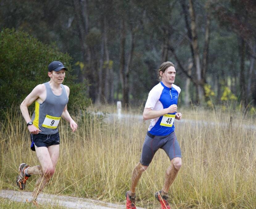 TIGHT: Mick Donges leads Jonathan Bleasel in the middle stages of the Wagga Trail Marathon. Picture: Action 2 Image
