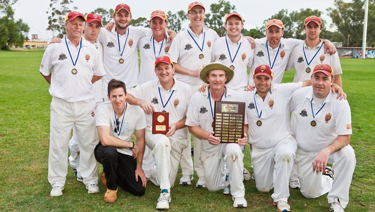 VICTORIOUS: Lake Albert players with the premiership trophy after winning the Wagga cricket third grade grand final at the weekend. Picture: Russ Johnson Photographics