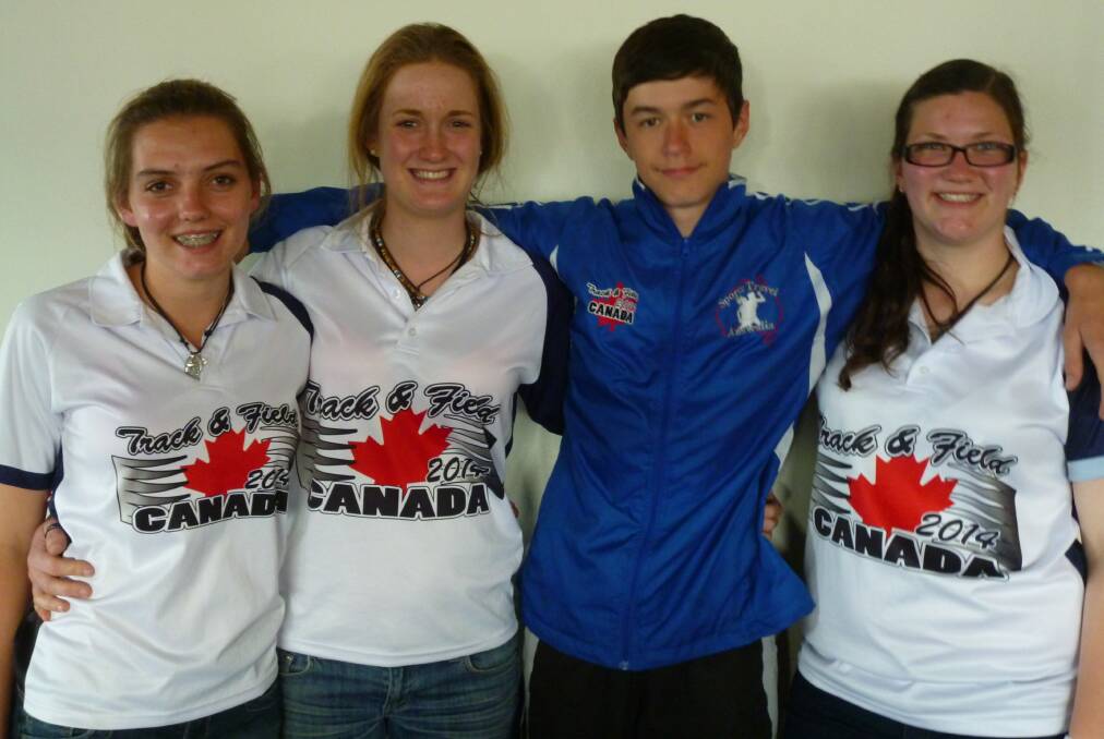 BACK HOME: Riverina athletes (from left) Tess Harbison, Brooke Peele, Luke Parker, Molly Darrington show off the colours they wore during a two-weeks trip to Canada