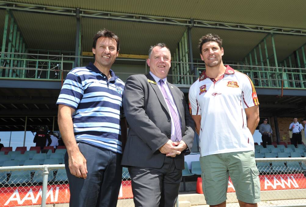 STAR POWER: Champions Laurie Daley (left) and Trent Barrett (right) joined Wagga deputy mayor at Equex Centre on Wednesday for the launch of City-Country in Wagga. Picture: Laura Hardwick