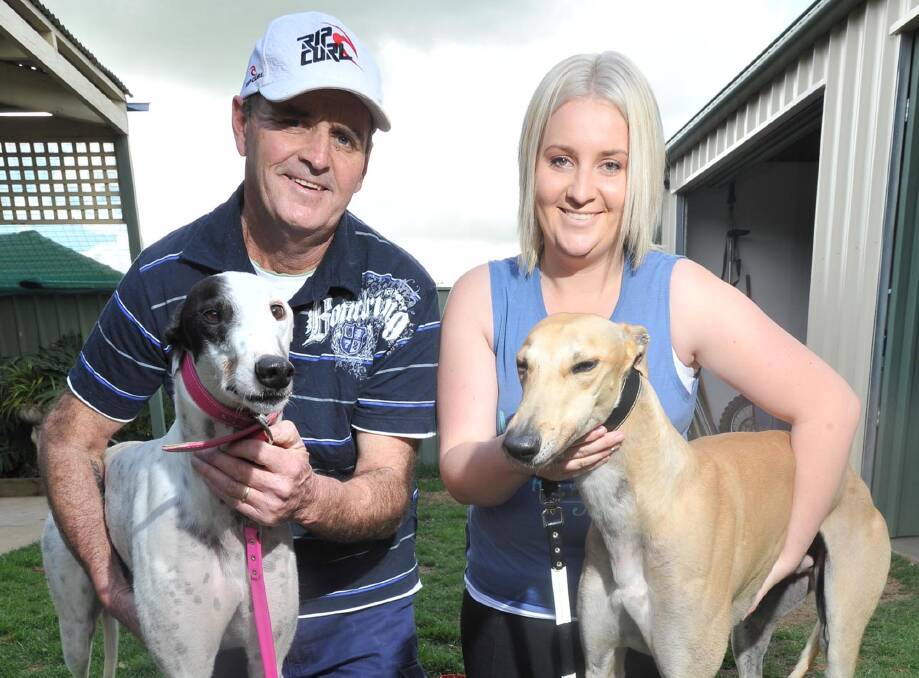 DOUBLE THE FUN: Wagga trainers Craig Price and Hayley Price with Cosmic Prince and Daniel Star respectively ahead of Friday night's Wagga TAB meeting
