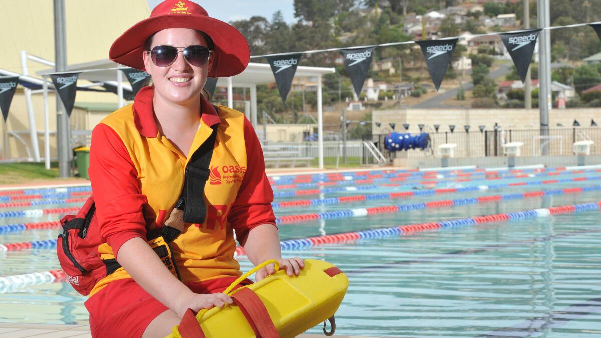 HOT SUMMER AHEAD: Lifeguard Georgina Ware scanning the pool as the mercury climbs to 35 degrees on Friday. Picture: Laura Hardwick