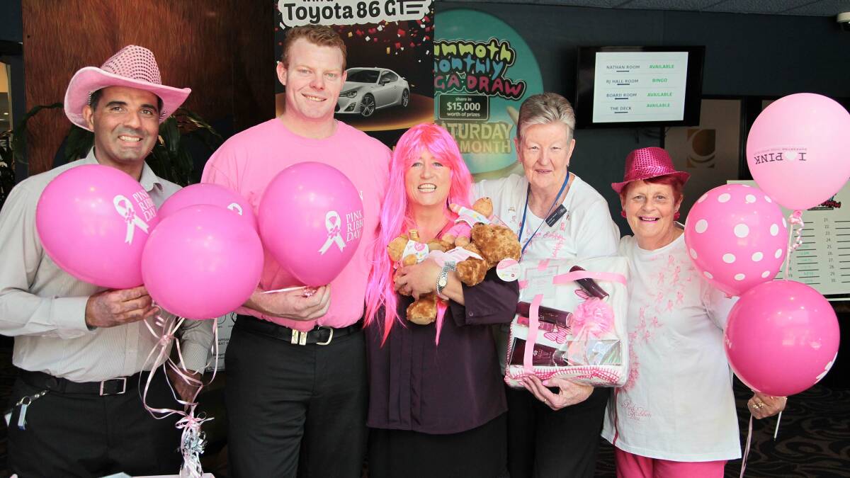 POWER OF PINK: (From left) Commercial Club's Matt Burgess, Matt Oates, Christine Williams with Cancer Council volunteers Carolyn Shawe and Dorothy Ceeney as they fund-raise ahead of Pink Ribbon Day on Monday. Picture: Kieren L Tilly