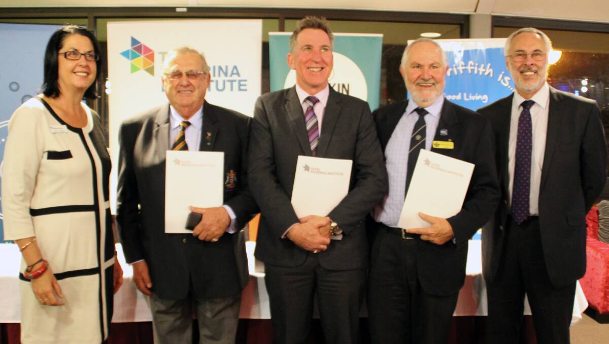 AGREEMENT: (From left) TAFE NSW Riverina Institute director Kerry Penton, Griffith mayor John Dal Broi, Albury mayor Kevin Mack, Wagga mayor Rod Kendall and Deakin University pro vice-chancellor Professor Trevor Day are all smiles after signing a Memorandum of Understanding. Picture: Supplied