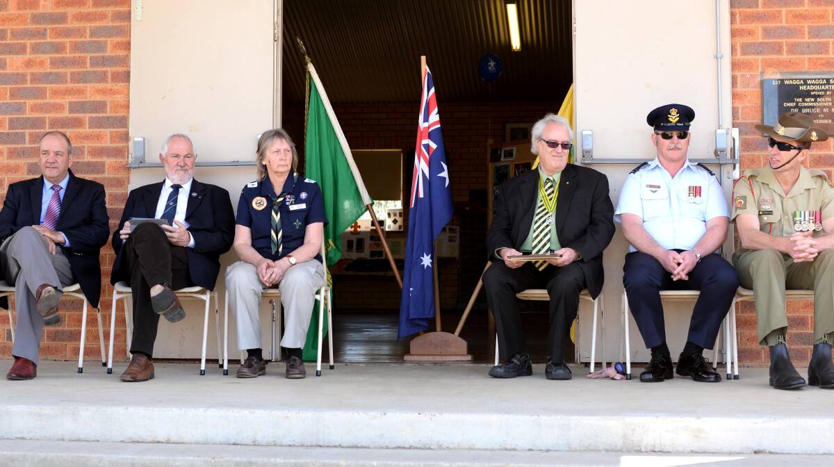 Daryl Maguire, Rod Kendall, Wagga group leader Aileen Cooke, Wayne Geale, flight officer Brian Paul and Quentin Steine celebrate First Wagga Scout's 100-year anniversary. Picture: Jacinta Coyne