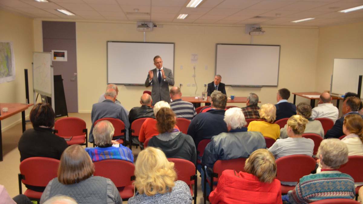 Parliamentary Secretary to the Minister for Communications Paul Fletcher addresses up to 50 residents in Tumut earlier this year with member for Riverina Michael McCormack. Picture: Supplied