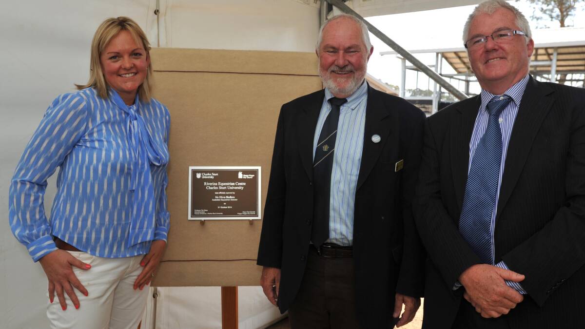 CSU graduate Olivia Skellern, Mayor Rod Kendall and Executive Dean of Science Professor Tim Wess lead the official duties at the opening of the Riverina Equestrian Centre. Picture: Michael Frogley