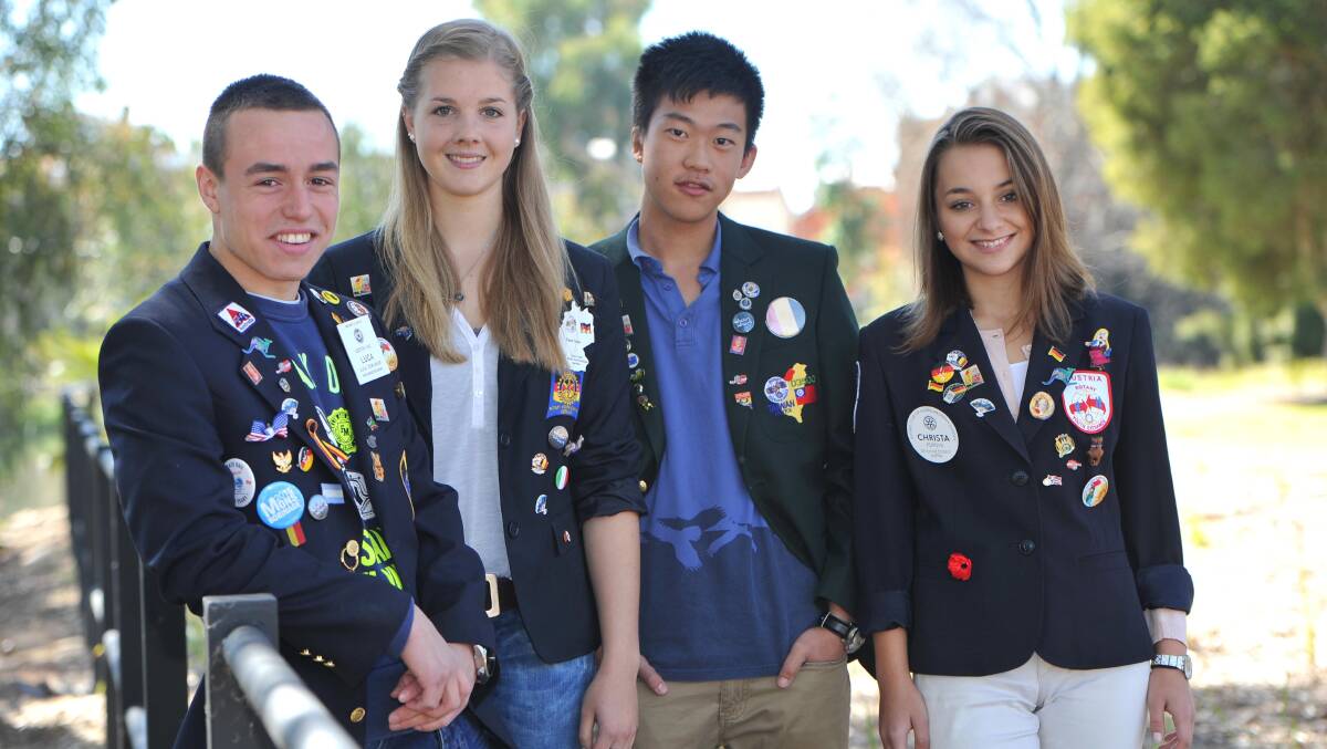 \Rotary Youth Exchange students Luca Derumier, Franzi Treber, Johnson Chang and Christa Popova enjoy a free day in Wagga. Picture: Laura Hardwick