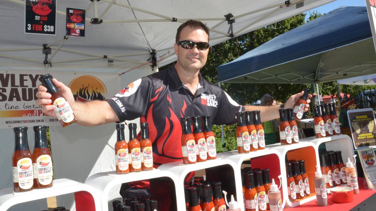 Crowley from Crowley's Hot Sauce has some hot stuff for sale. Picture: Declan Rurenga