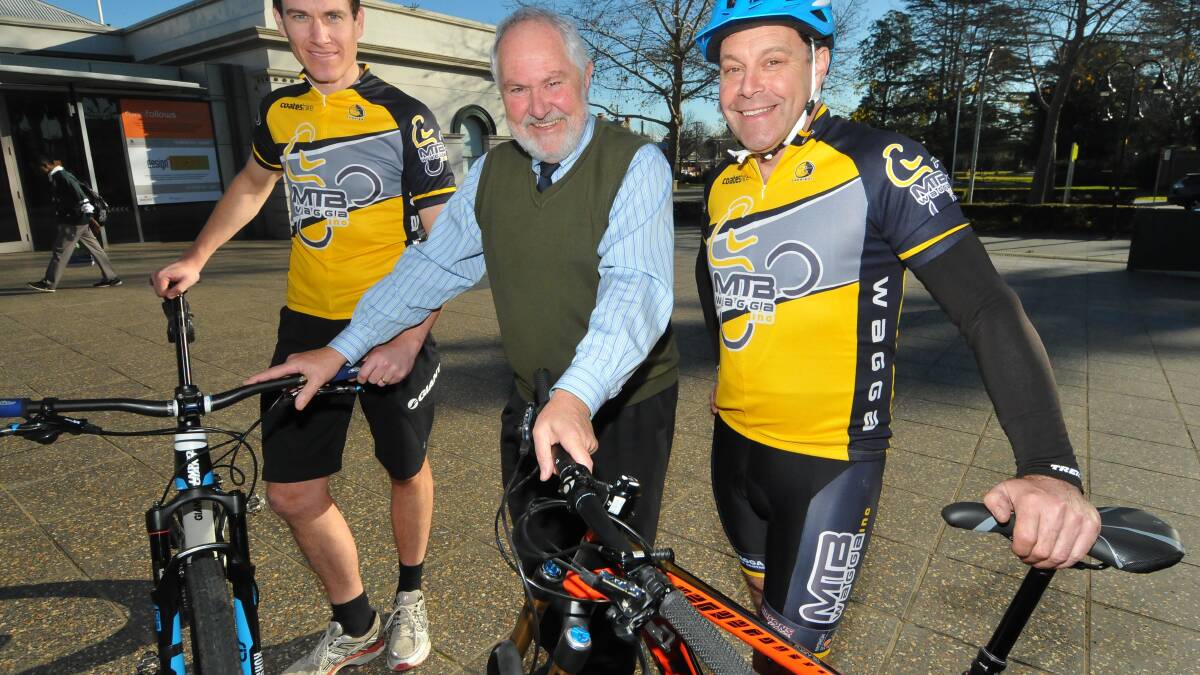 Wagga mayor Rod Kendall (centre), along with Mountain Bike Club of Wagga members Mitch Fury and Michael Jowett are excited by the possibility of an Evocities mountain bike series. Picture: Laura Hardwick