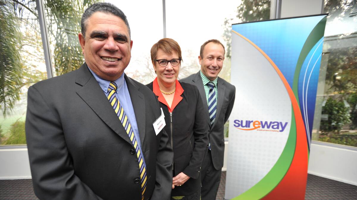 Wallabies legend Mark Ella and Judy and David Galloway from Sureway want to see Wagga businesses help end the city's youth unemployment crisis. Picture: Laura Hardwick