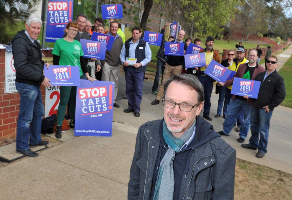 TAFE PROTEST: John Kaye (front) at TAFE's Wagga campus with other opponents to the Coalition's reforms. Picture: Michael Frogley