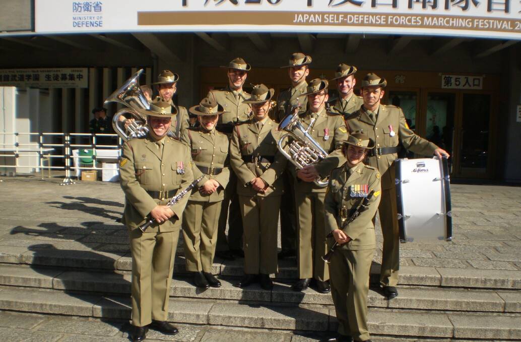 JAPAN TRIP: In Japan for a big marching marching festival were (left to right, back row) Musician David Sunderland, Sergeant Stuart Jefferis, Corporal Justin Kennedy and Corporal David Shuttleworth. (middle) Musician Jade O'Halloran, Musician Russell Hodges, Lance Corporal Scott McCormick and Sergeant Adam Corning. (front) Corporal Vince King and Corporal Melody Neilsen.