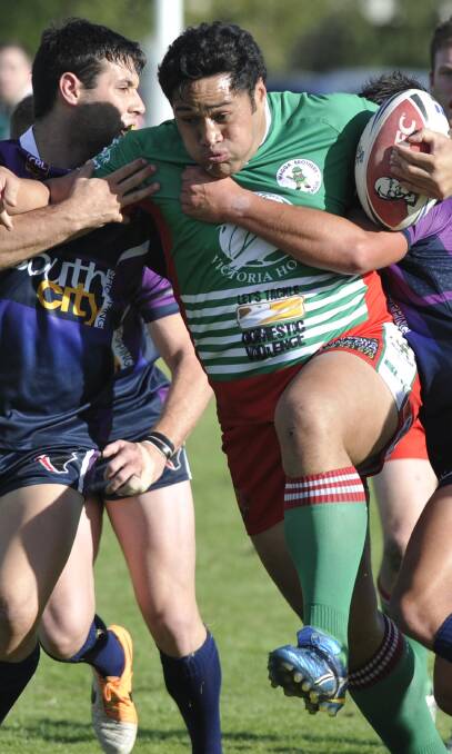 Brothers forward Sione Niulia is met by Southcity defenders Nathan Rose and Ned Mortimer