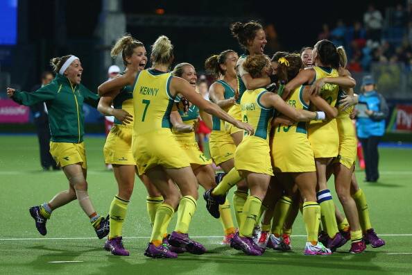 The Hockeyroos celebrate winning the Commonwealth Games gold medal in Glasgow on Sunday morning. Picture: Getty Images