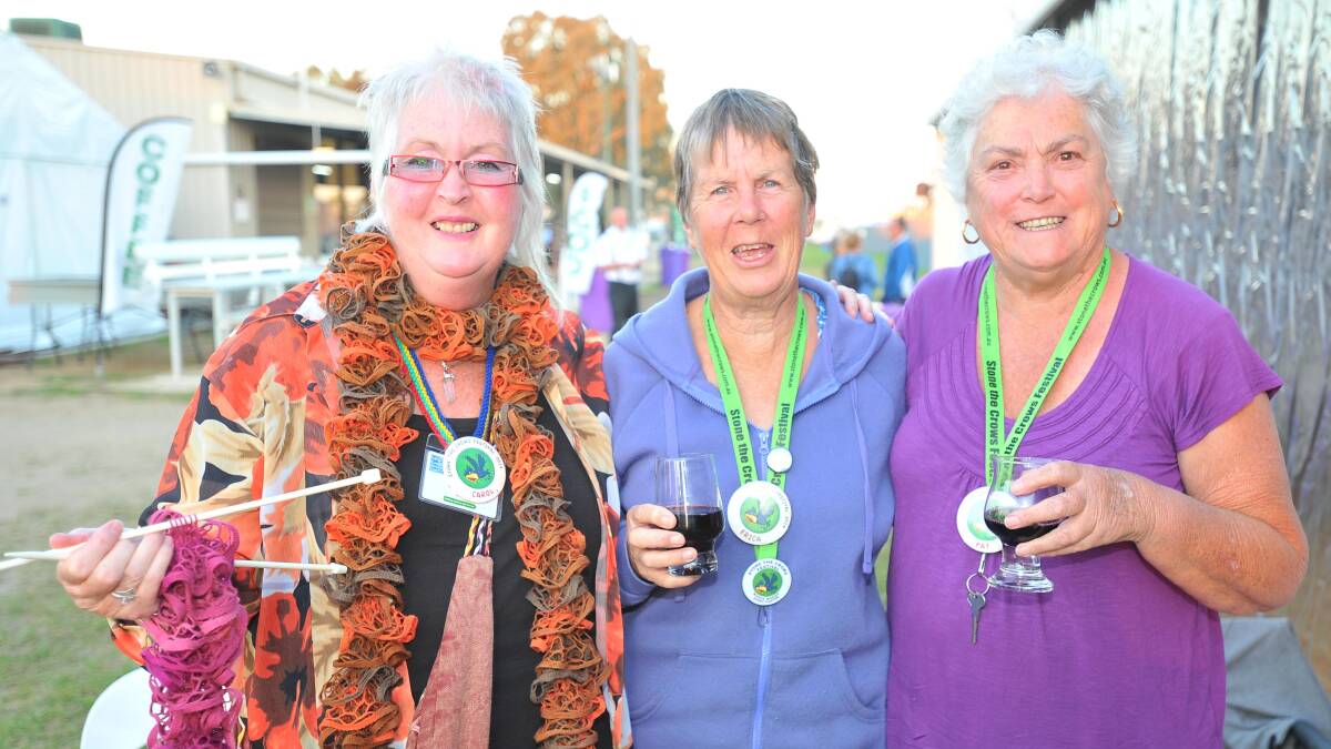 Victorian trio Carol Harris, from Bendigo, Erica McIntosh, from Nagambie, and Pat Randall, from Melbourne, enjoy the Stone the Crows Festival in Wagga on Thursday.  Picture: Kieren L Tilly
