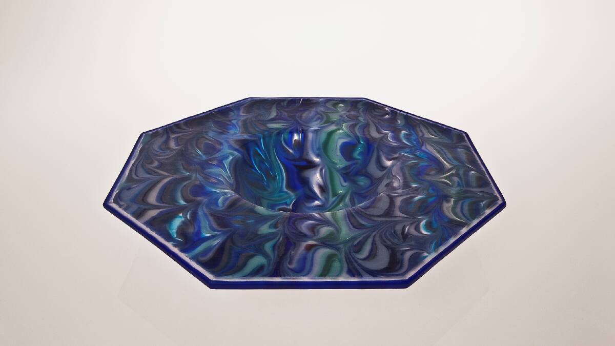 Klaus Moje Blue octagonal plate #3 1986, cut fused mosaic blue, grey and teal, glass slumped
