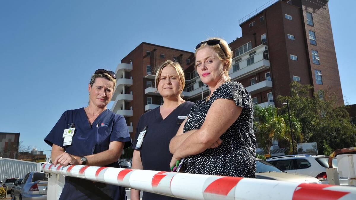 Nurses & Midwives Association of NSW representatives Sylvia Moon (secretary), Tania Gleeson (vice president) and Jodie Godfrey (president) are annoyed by the parking situation at Wagga Base Hospital. 