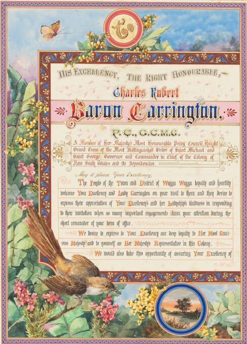One of the illuminated addresses given to Lord Carrington, Governor of New South Wales (1885-1890) by the People of Wagga in September 1890 [image courtesy of State Records NSW].