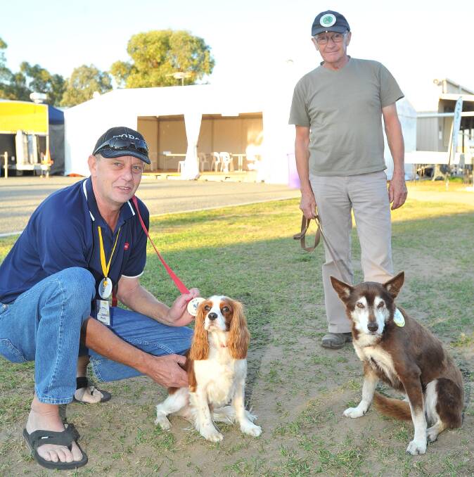 Phil Deaves and "PJ", from Rooty Hill, and Hans Fortuyn with "Maxine" spend a little bonding time together at the festival site on Tasman Road. Picture: Kieren L Tilly 