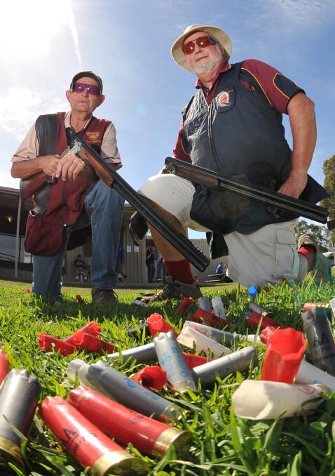 Brian Muirson from Rockhampton and Terry Morony from the Gold Coast at the National Trap Championships at the National Shooting Ground in Wagga. Picture: Michael Frogley/Daily Advertiser