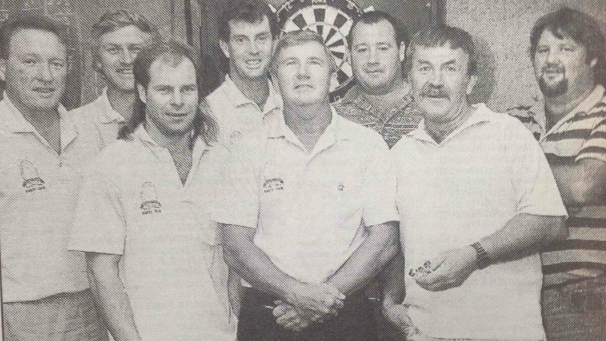 William Farrer defended its Wagga Darts Association A Grade title, but was defeated by Tourist Hotel. Pictured prior to the game are Cary Antill, Garry Hamilton, Peter Lyons, Trevor White, Hugh Barnsley, Peter Vivian, Arthur Taylor and Paul Vivian.