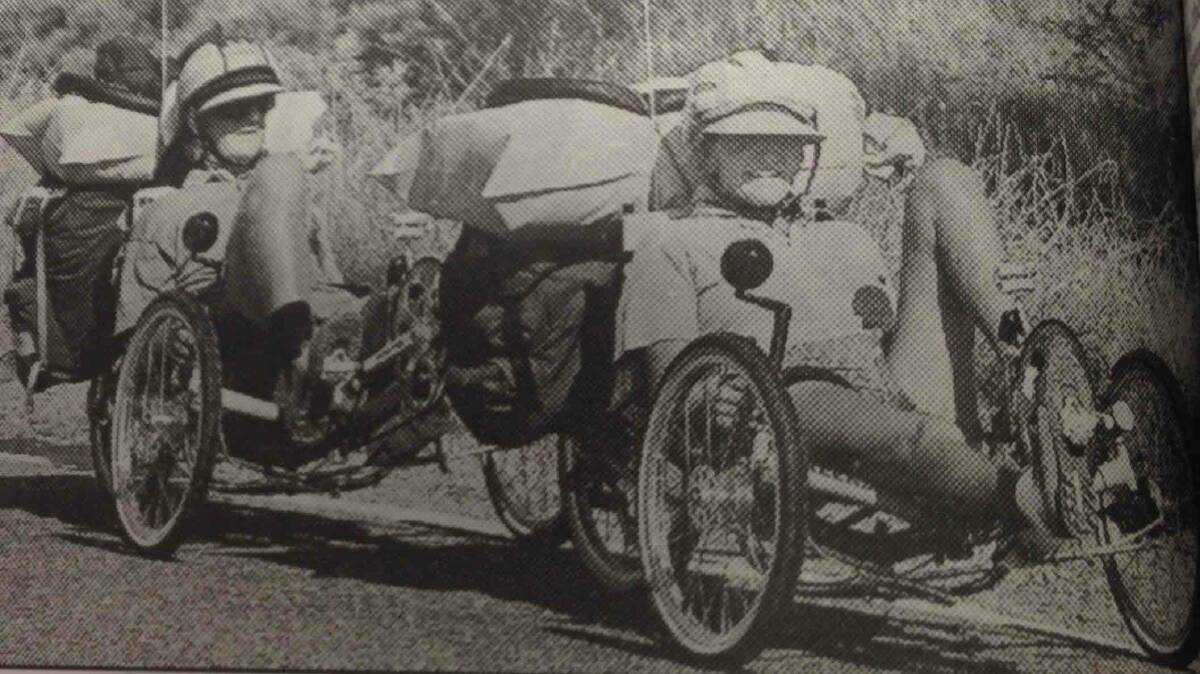 Eric Butcher and Val Wright from Ocean Grove are travelling around Australia on these unusual recumbent tricycles. They are pictured near Uranquinty, heading for Wagga.