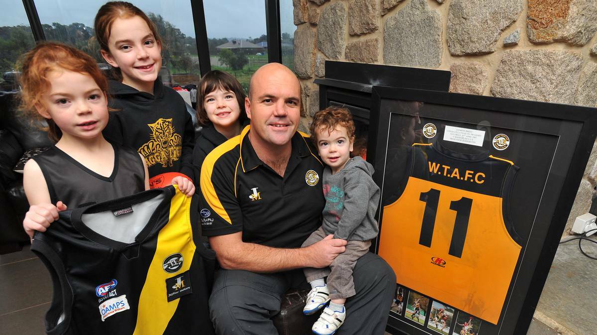 Wagga Tigers veteran Andrew Priest – pictured with children (from left) Madeline, Susannah, Zoe and Hamish – will play his 400th game for the club on Saturday. Picture: Laura Hardwick