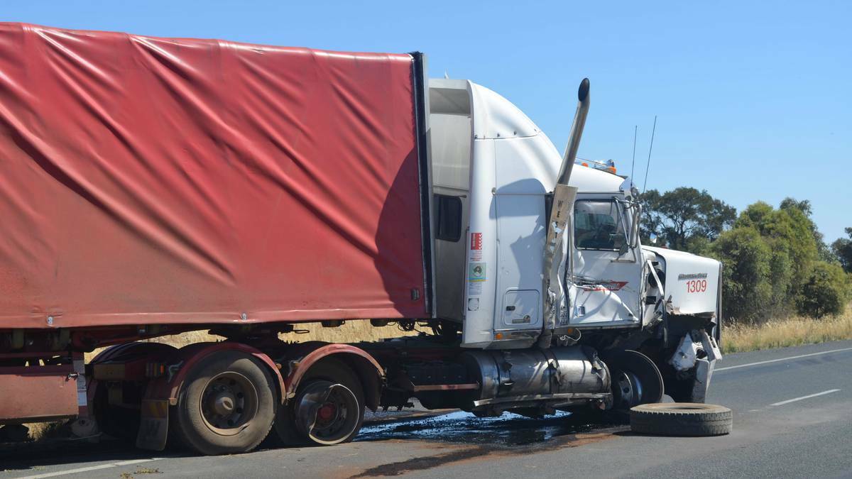 One person was left fighting for his life and another in a serious condition after a head-on crash between this B-double and a car near West Wyalong. Picture: Jeremy Venosta, West Wyalong Advocate
