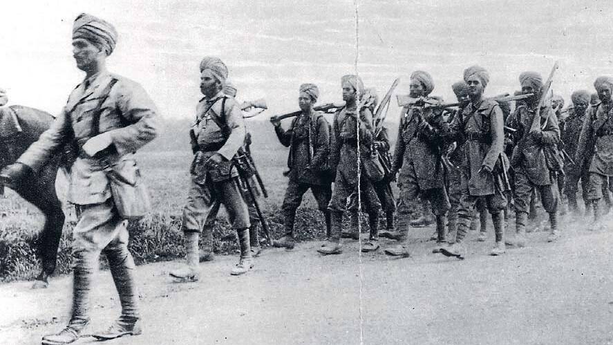 October 1914: Indian infantrymen on the march in France during World War I.