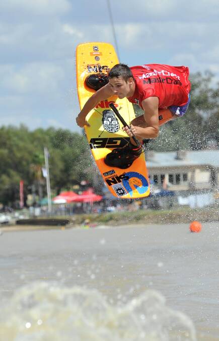 Wagga's Joe Fisher, 18, is all concentration during the national wakeboarding titles at Wagga's Lake Albert. Picture: Michael Frogley