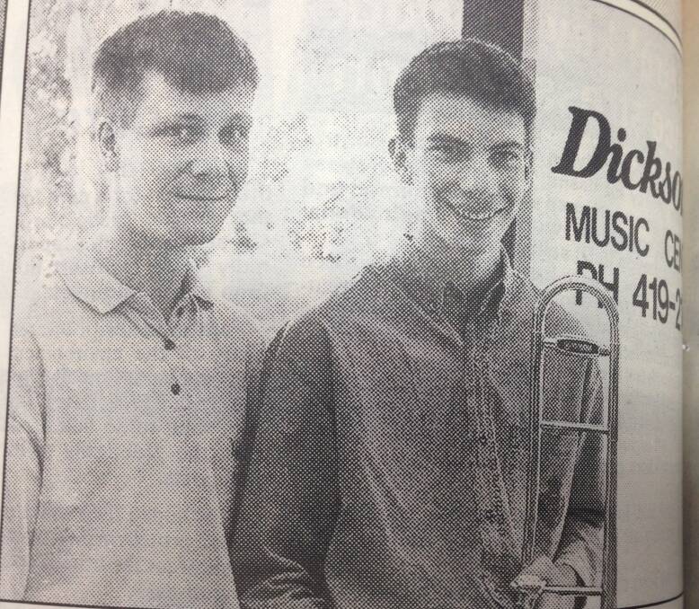 The Australian Trombone Association held its 1993 conference and trombone competition at CSU. Wagga trombonist Peter Mews (right) took out the junior section and received his prize from Riverina Conservatorium Centre's Roland Bannister.