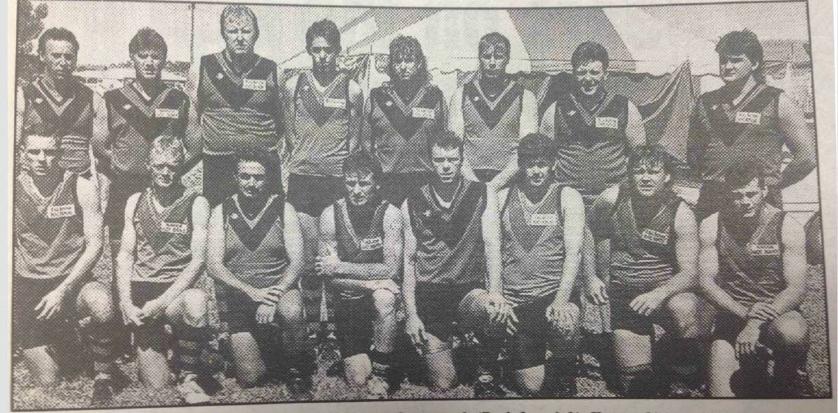 The South Wagga-Tolland side lost to Coolamon in the first round of the Farrer League Elevens. The team is (back) Trevor Gibbons, Tim Burke, Garry Button, Elton May, Ross Merriman, Bob Tye, Scott Sesson, Baden Bowman, (front) Matthew Cattell, Paul Errington, Jim Creek, Tom Spicer, Wayne Klimpscg, Jason Dash, Russell Hillier and Ross Combs.