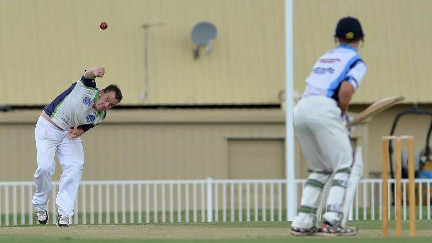 Wagga City bowler Dean Crane drills one down to Michael Mattingly during the South Wagga v Wagga City game at Robertson Oval on Saturday. Picture: Michael Frogley