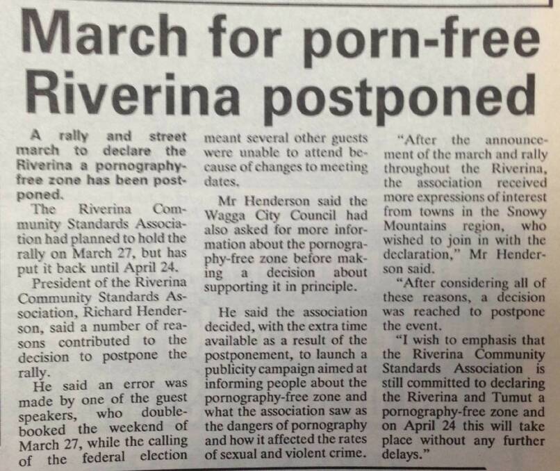 A double-booking by one of the speakers meant a march against pornography, planned to be held in Wagga, was postponed.