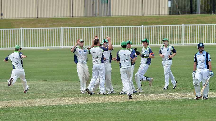 Wagga City celebrate the wicket of Joel Robinson during the South Wagga v Wagga City game at Robertson Oval on Saturday. Picture: Michael Frogley
