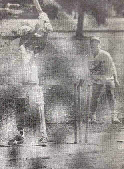 Ben Griffen from Henschke attempts to swing a ball down the leg side and swivels to see his stumps shattered and Mount Austin first slip Brian Anderson already aware of the result in a Wagga Primary Schools Cricket Association match.