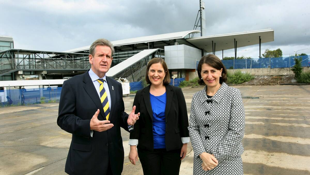 Premier Barry O’Farrell, Menai MP Melanie Gibbons and Transport Minister Gladys Berejiklian as they announce an 83-space commuter car park will be built at Liverpool Station. Picture: Jeff de Pasquale. 