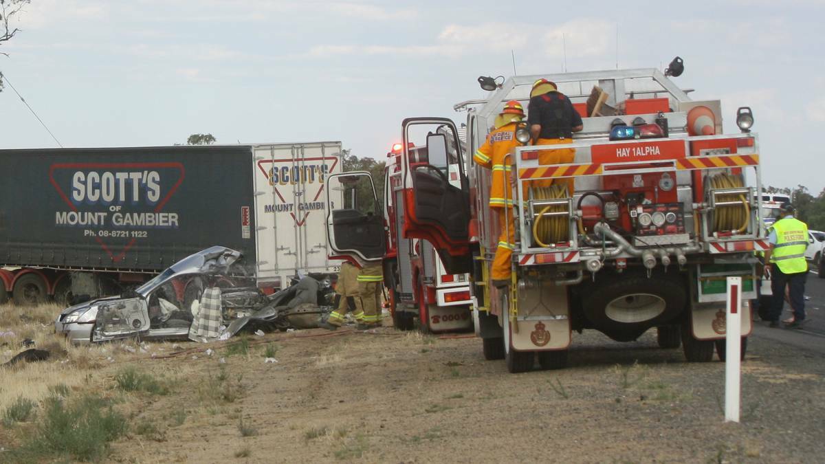 The scene of a fatal crash between a car and truck on the Sturt Highway east of Hay in January. Picture: Daisy Huntly