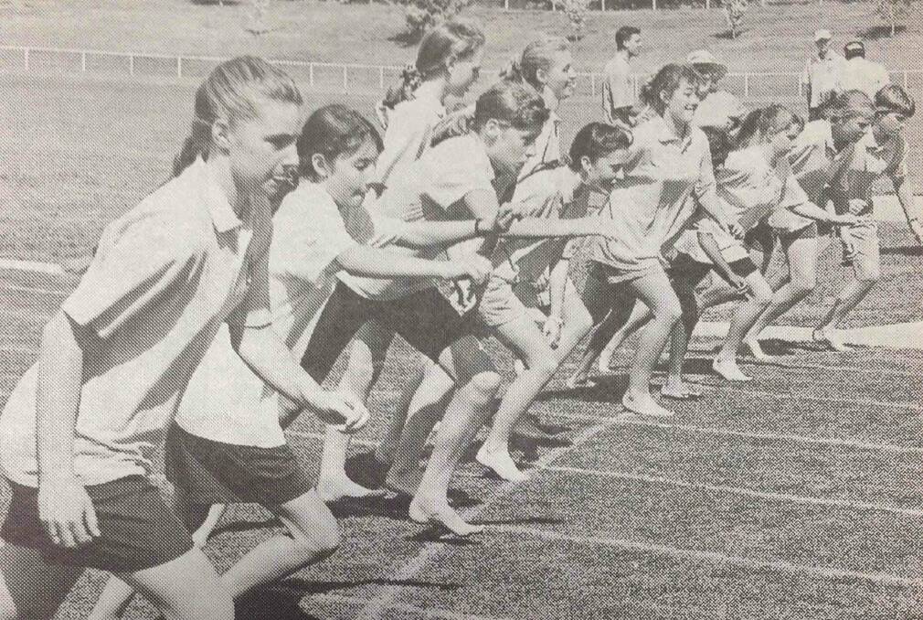 The starting line in the girls' 14-15 years 800m race at the Mount Austin High School athletics carnival.