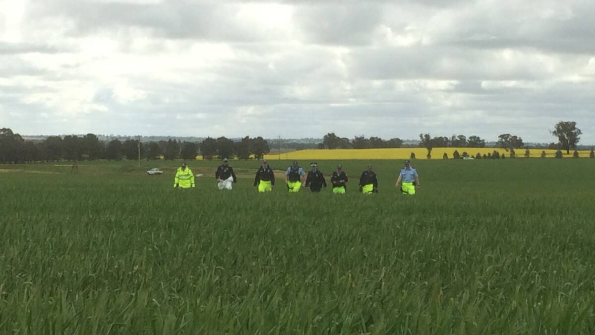 Strike Force Tullaroan investigators conduct a line search on the Hunt family property near Boree Creek. Picture: NSW Police