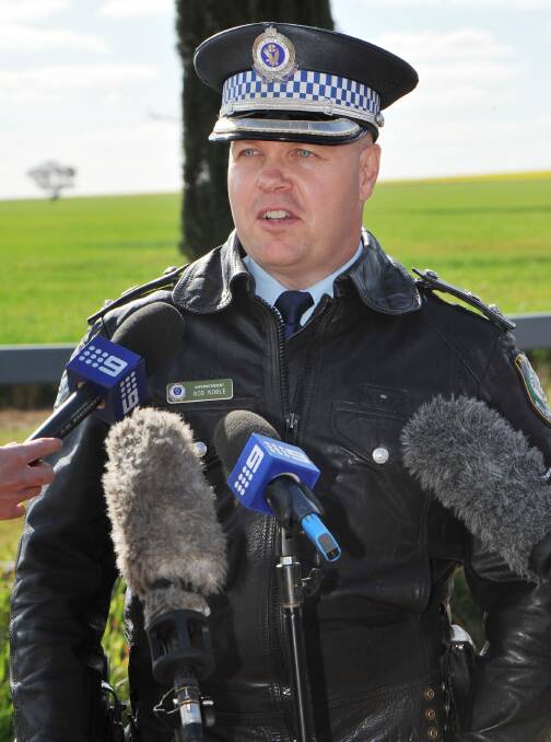 Wagga LAC commander Superintendent Bob Noble speaks to the media after a body was discovered in a dam on the Boree Creek property belonging to the Hunt family. Picture: Laura Hardwick