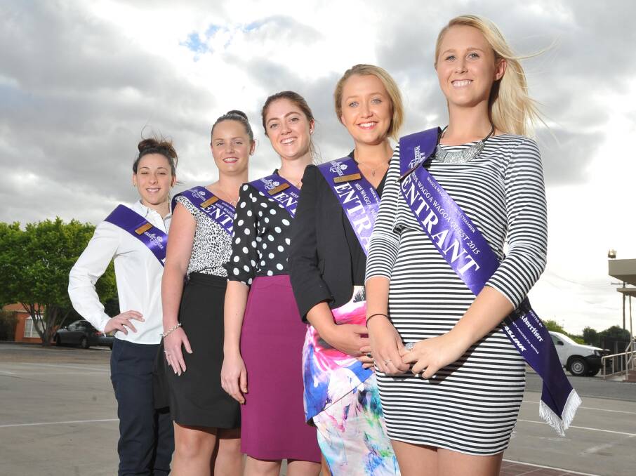 Angela Fisher, Nikita Barber, Adriana Lions, Brooke Brunskill and Sarah Moon prepare themselves for the crowning of Miss Wagga 2015, which will be held Saturday night. Picture: Laura Hardwick
