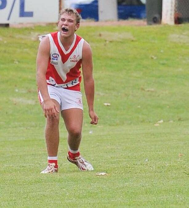 CAK's Jaydn Klempke expresses his disappointment after missing a goal in the Charity Shield game between Collingullie-Ashmont-Kapooka and Billabong Crows at Narrandera. Picture: Kieren L Tilly