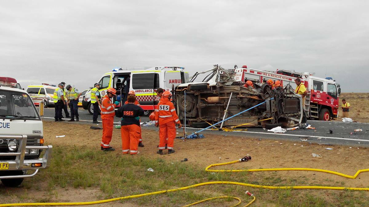 The scene of the April crash involving a Toyota Hiace and a B-double on the Sturt Highway west of Hay. Picture: Contributed