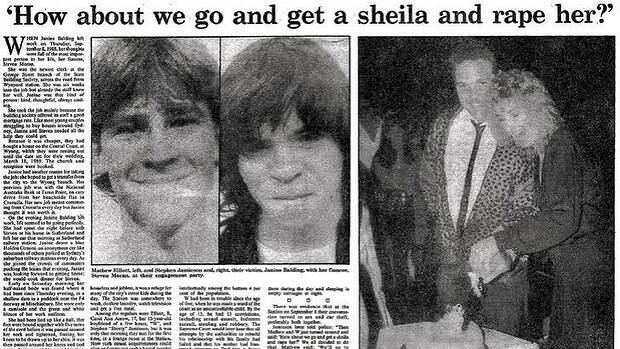 A report in the Sydney Morning Herald on June 23, 1990, on the trial of Matthew Elliott, left, who was 16, and Wayne Jamieson, who was 22, when they murdered Janine Balding, right, pictured with her fiance. Photo: Supplied to Sydney Morning Herald
