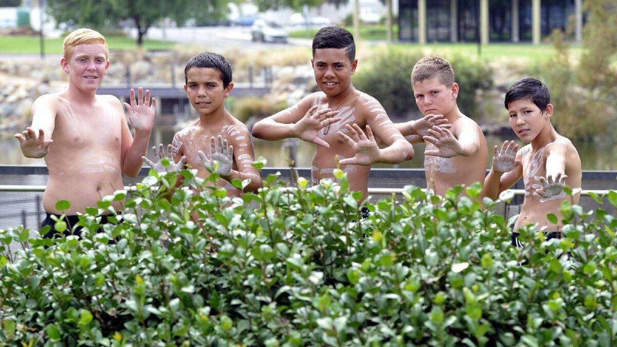 Warruwiluu dance group members Chris Davis, 12, Latrell Siegwalt, 12, Tyrone Hoerler, 15, Chevey Heir, 12, and Alex Wishart, 12, at the Wagga City Council ceremony marking the sixth anniversary of the apology to the stolen generation. Picture: Les Smith